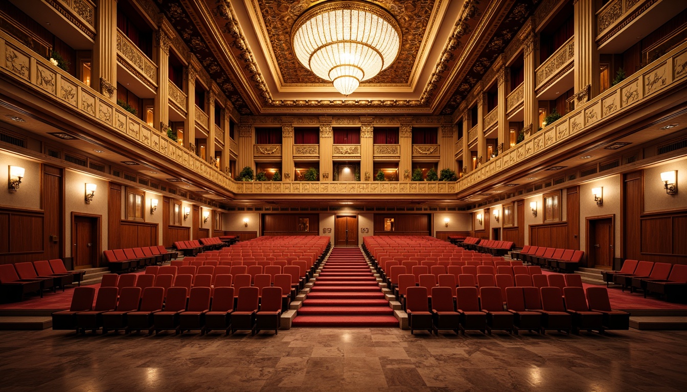 Prompt: Grand amphitheater, ornate Art Deco architecture, golden accents, luxurious velvet seats, curved rows, tiered seating arrangement, grand staircase, majestic columns, intricate geometric patterns, metallic details, opulent chandeliers, rich wood tones, polished marble floors, vibrant red carpet, dramatic spotlights, soft warm glow, 1/2 composition, low-angle shot, cinematic lighting, realistic reflections.