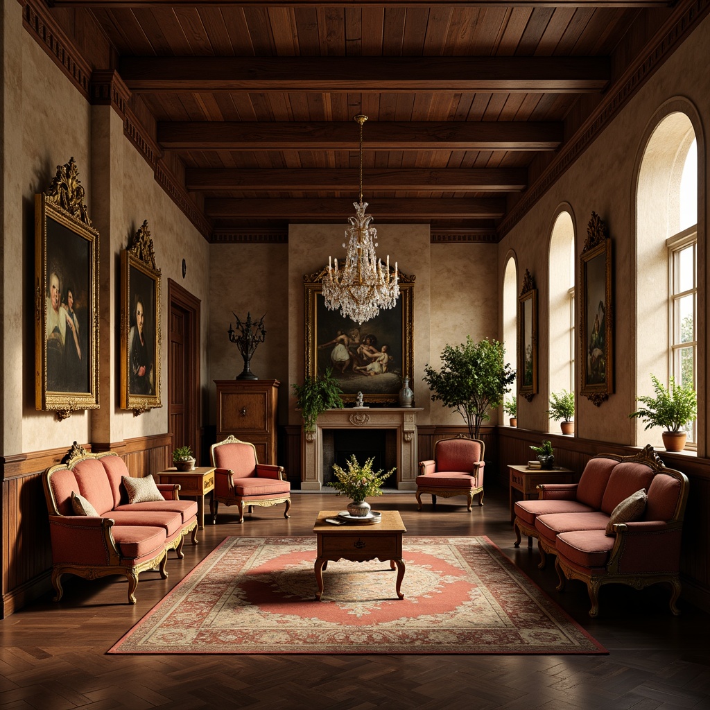 Prompt: Elegant museum interior, rich wood tones, ornate furnishings, Louis XVI chairs, velvet sofas, gilded mirrors, crystal chandeliers, rustic stone walls, soft golden lighting, subtle shadows, 1/1 composition, intimate atmosphere, realistic textures, ambient occlusion, French country style inspiration, distressed finishes, vintage artifacts, historic paintings, luxurious fabrics, intricate carvings.