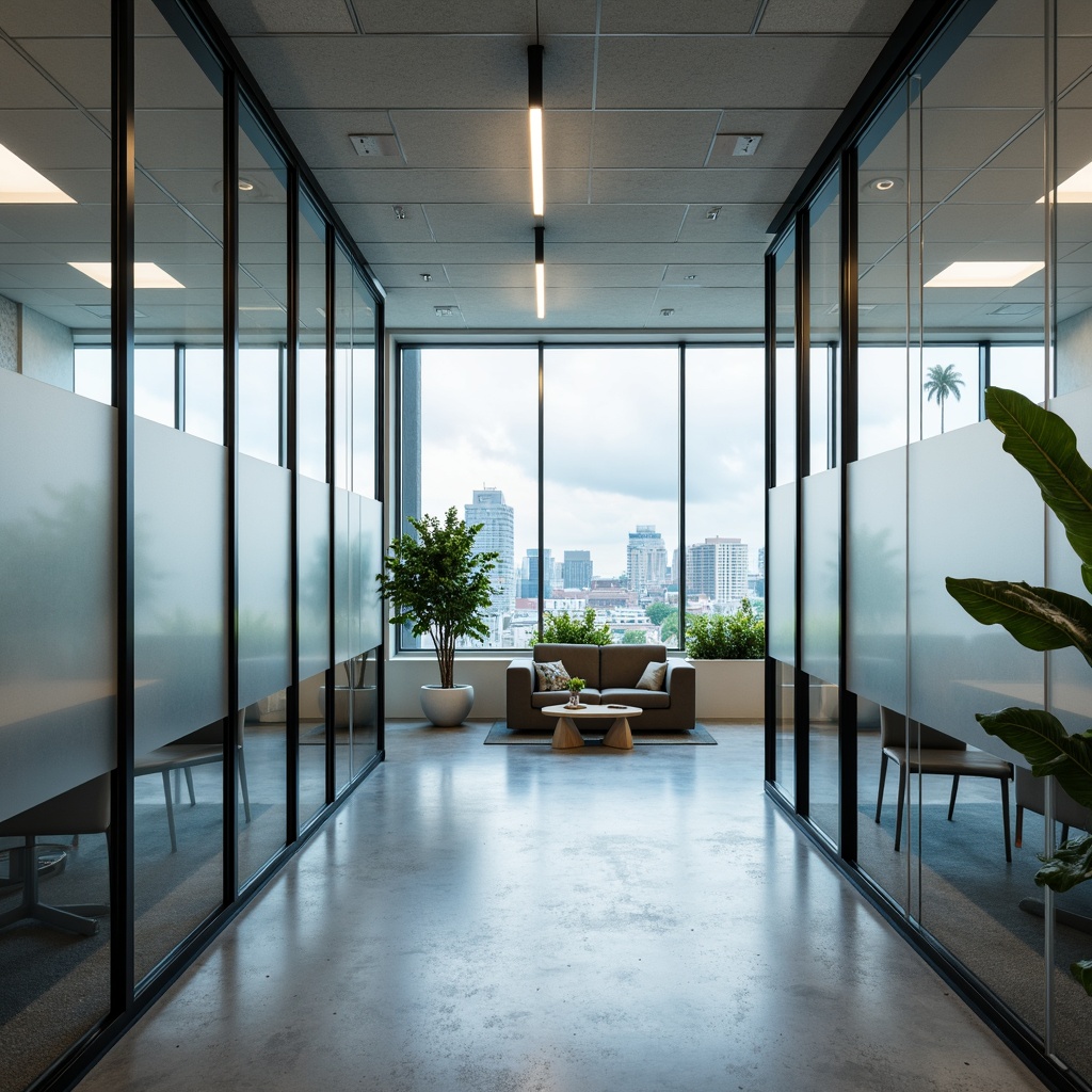 Prompt: Contemporary office space, sleek glass partitions, minimalist design, transparent walls, open floor plan, collaborative work environment, polished metal frames, frosted glass doors, modern LED lighting, comfortable ergonomic furniture, vibrant greenery, urban cityscape views, cloudy day, soft natural light, shallow depth of field, 1/1 composition, realistic reflections, ambient occlusion.