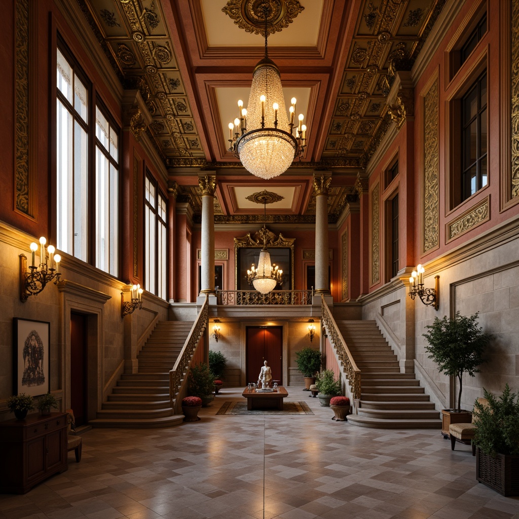 Prompt: Elegant neoclassical interior, ornate chandeliers, crystal sconces, warm golden lighting, soft diffused glow, rich wood paneling, intricate moldings, marble flooring, velvet drapes, gilded accents, subtle color palette, natural stone walls, classical columns, grand staircase, luxurious furnishings, Renaissance-inspired patterns, subtle shadows, 1/1 composition, high-key lighting, soft focus, atmospheric ambiance.