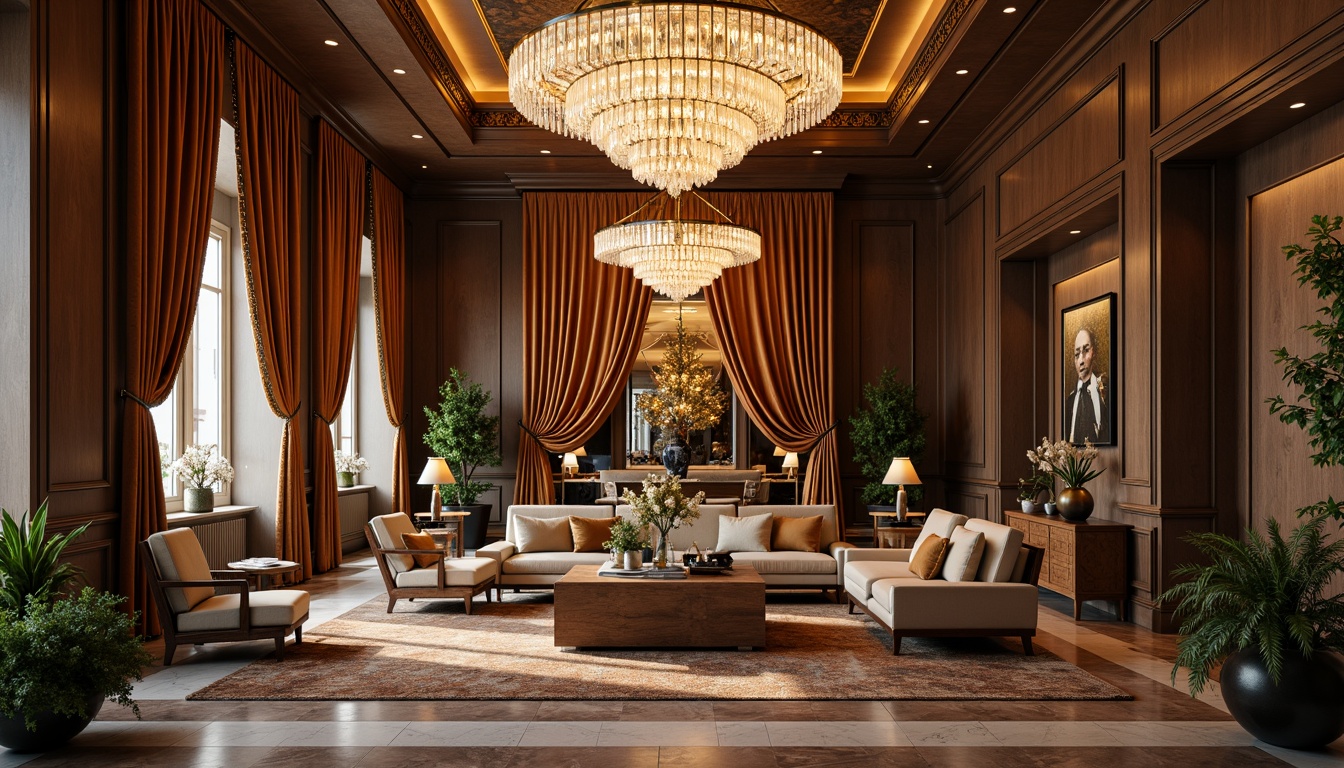 Prompt: Elegant luxury mansion, ornate golden fixtures, lavish crystal chandeliers, rich velvet drapes, polished marble floors, intricate wooden paneling, plush area rugs, statement furniture pieces, metallic accents, ambient warm lighting, soft focus, shallow depth of field, 1/2 composition, cinematic view, realistic reflections, detailed textures.