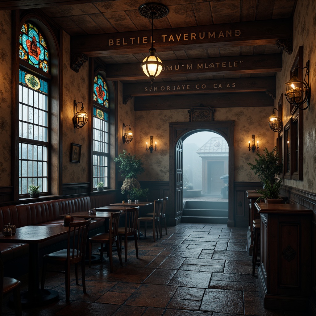 Prompt: Dark, mysterious tavern, rich wood tones, ornate metalwork, stained glass windows, mystical ambiance, vintage typography, eerie lighting, foggy atmosphere.Color Palette