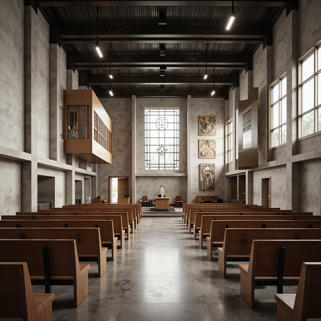 Prompt: Minimalist church interior, sleek modern pews, curved wooden benches, subtle LED lighting, polished concrete floors, industrial steel beams, geometric stained glass windows, abstract spiritual murals, sparse decorative elements, calm atmosphere, soft natural light, 1/1 composition, shallow depth of field, realistic textures, ambient occlusion.Please let me know if this meets your expectations!