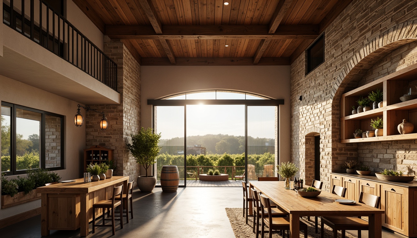 Prompt: Rustic winery, modern farmhouse architecture, wooden accents, reclaimed barn wood, exposed stone walls, earthy color palette, natural textures, metal beams, industrial chic lighting, wine barrels, vineyard views, rolling hills, sunny afternoon, warm golden lighting, shallow depth of field, 2/3 composition, realistic rendering, ambient occlusion.