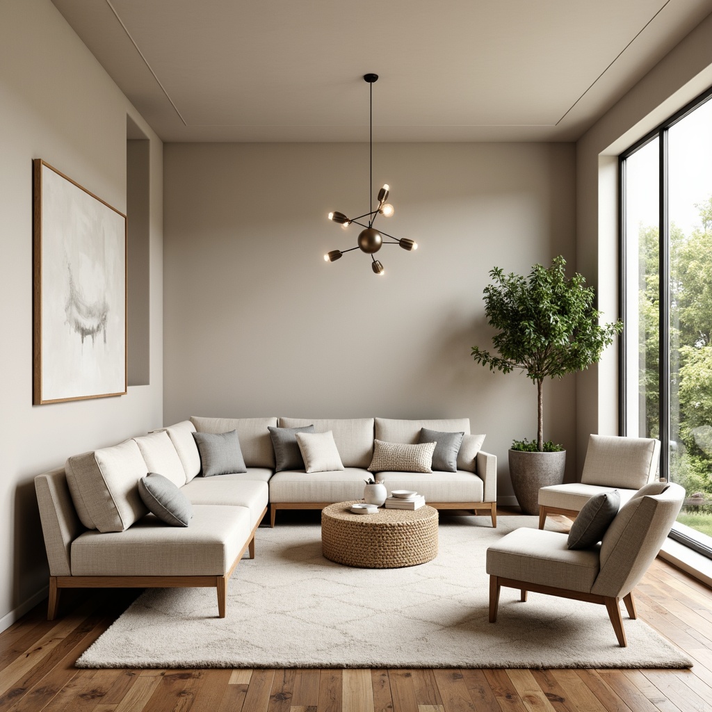 Prompt: Neutral-toned living room, beige walls, cream-colored furniture, soft gray accents, plush area rugs, minimalist decor, natural textiles, subtle patterned upholstery, warm wooden flooring, elegant pendant lighting, oversized windows, abundant natural light, airy atmosphere, 1/1 composition, shallow depth of field, realistic textures.