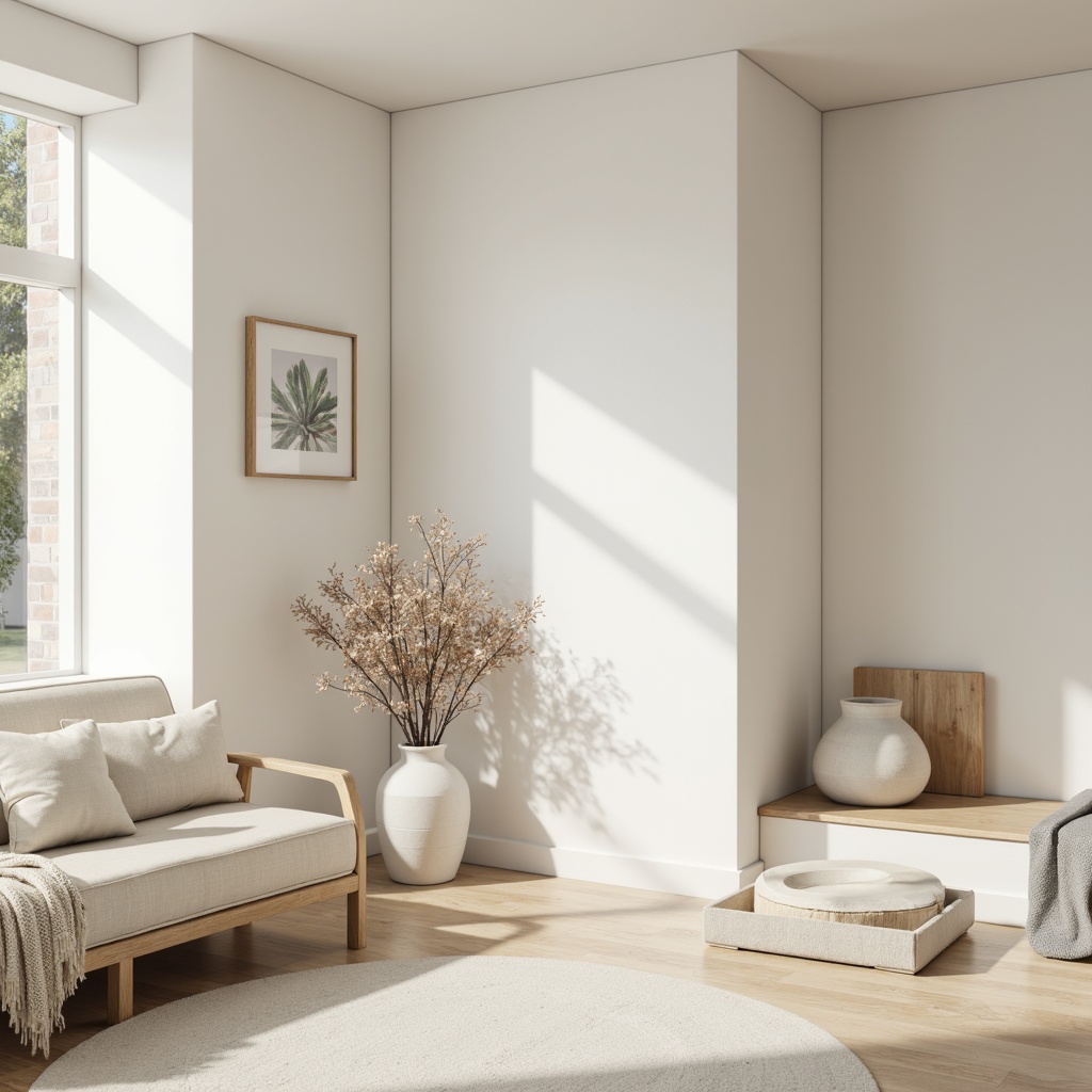 Prompt: Monochromatic palette, soft whites, creamy neutrals, subtle grays, warm beiges, natural wood tones, matte finishes, minimalist decor, empty spaces, calm atmosphere, soft indirect lighting, shallow depth of field, 1/1 composition, realistic textures, ambient occlusion.