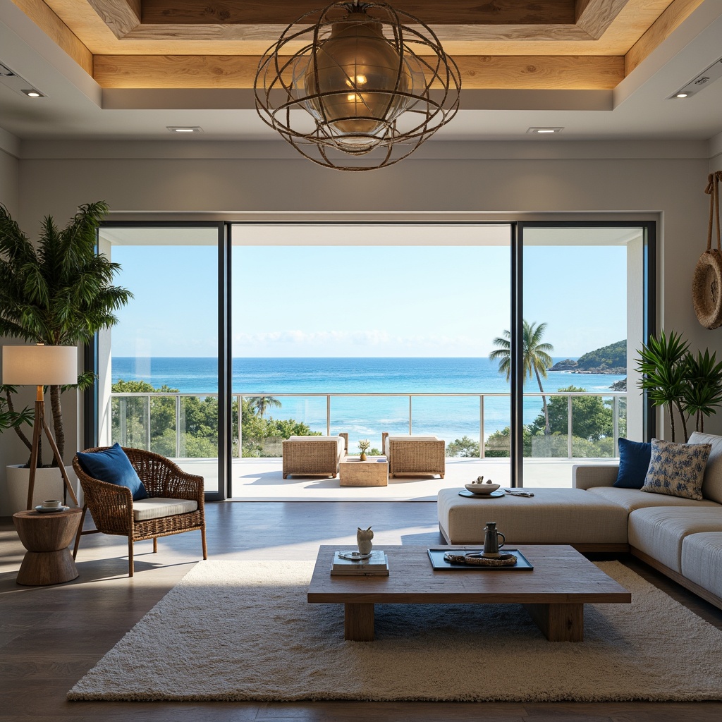 Prompt: Vibrant coastal villa, expansive ocean views, refreshing sea breeze, warm sunny day, soft natural light, elegant pendant lamps, sleek ceiling fixtures, modern recessed lighting, energy-efficient LED strips, polished chrome finishes, frosted glass shades, nautical rope details, driftwood-inspired accents, calming blue and white color scheme, textured linen fabrics, woven rattan furniture, organic shape decorations, airy open-plan living, floor-to-ceiling sliding glass doors, stunning beach scenery, gentle wave sounds.