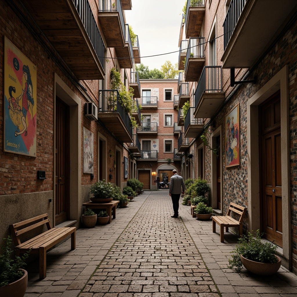 Prompt: Rustic wooden planks, distressed stone walls, weathered metal sheets, intricate tile mosaics, vibrant street art murals, rough-hewn rock formations, peeling paint textures, worn brick facades, ornate architectural details, eclectic vintage signage, faded advertisement posters, mysterious alleyway ambiance, warm golden lighting, shallow depth of field, 2/3 composition, cinematic framing, realistic material properties.