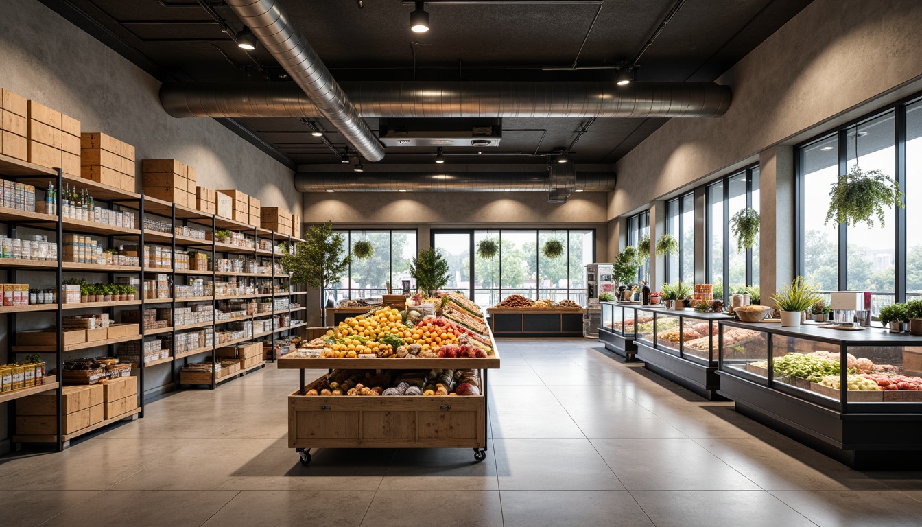 Prompt: Simple grocery store interior, clean lines, minimal decor, functional shelving, wooden crates, industrial lighting, polished concrete floors, modern refrigeration units, organized product displays, neutral color palette, abundant natural light, shallow depth of field, 1/2 composition, realistic textures, ambient occlusion.