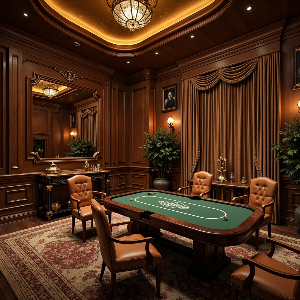 Prompt: Luxurious game room, rich wood paneling, ornate molding details, warm golden lighting, plush velvet drapes, classic leather armchairs, vintage poker tables, intricate wooden carvings, antique collectibles displays, sophisticated neutral color palette, soft focus blur, shallow depth of field, 1/2 composition, dramatic low-key lighting, realistic textures, ambient occlusion.