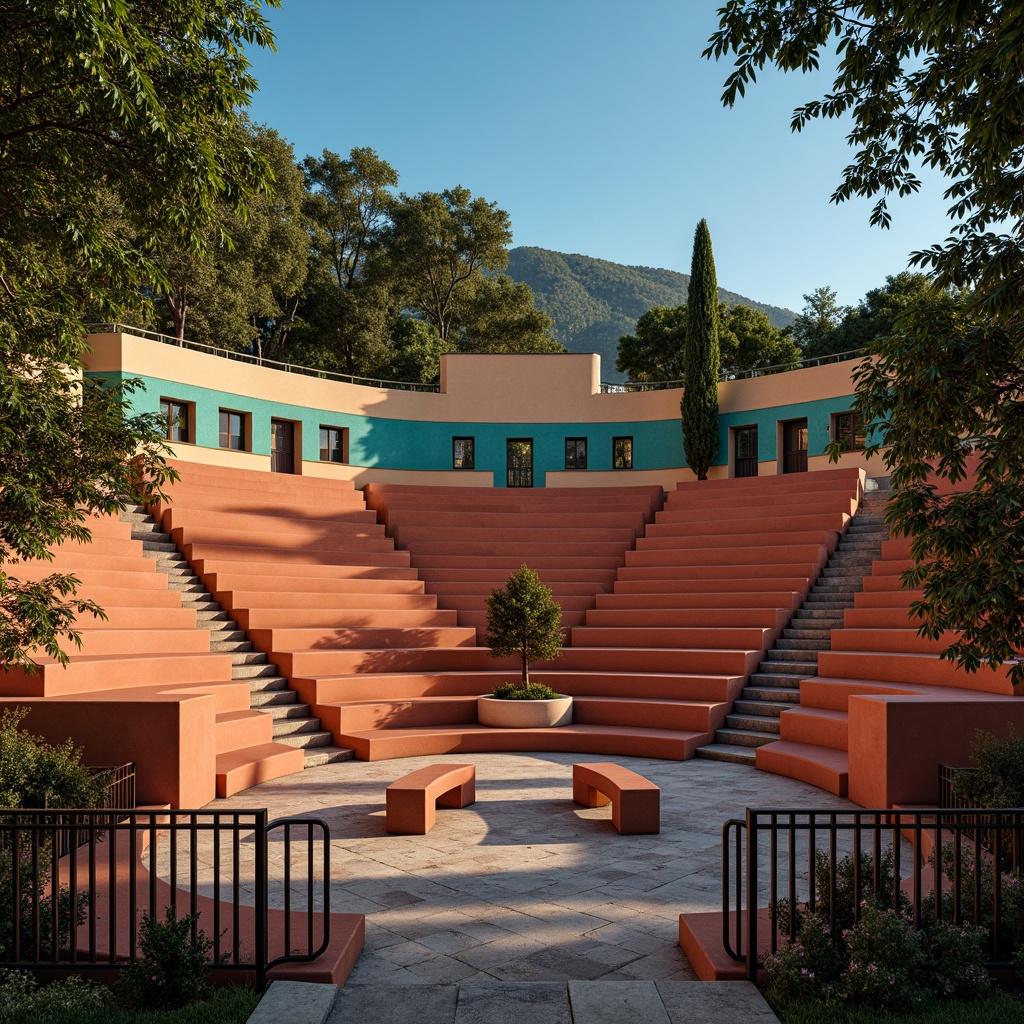 Prompt: Vibrant amphitheater, terracotta seating, earthy tones, warm beige walls, rich turquoise accents, deep blue sky, lush greenery surroundings, natural stone flooring, wooden benches, rustic metal railings, ambient warm lighting, golden hour soft glow, shallow depth of field, 3/4 composition, panoramic view, realistic textures, subtle shadowing.