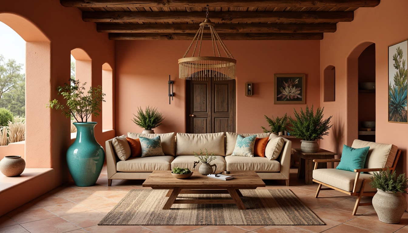 Prompt: Earthy southwestern interior, warm terracotta walls, rustic wooden accents, vibrant turquoise decorative accessories, sandy beige furniture, soft sienna upholstery, natural woven textiles, patterned azul tiles, rich umber wood tones, distressed leather details, desert botanical prints, warm golden lighting, shallow depth of field, 1/1 composition, realistic textures, ambient occlusion.