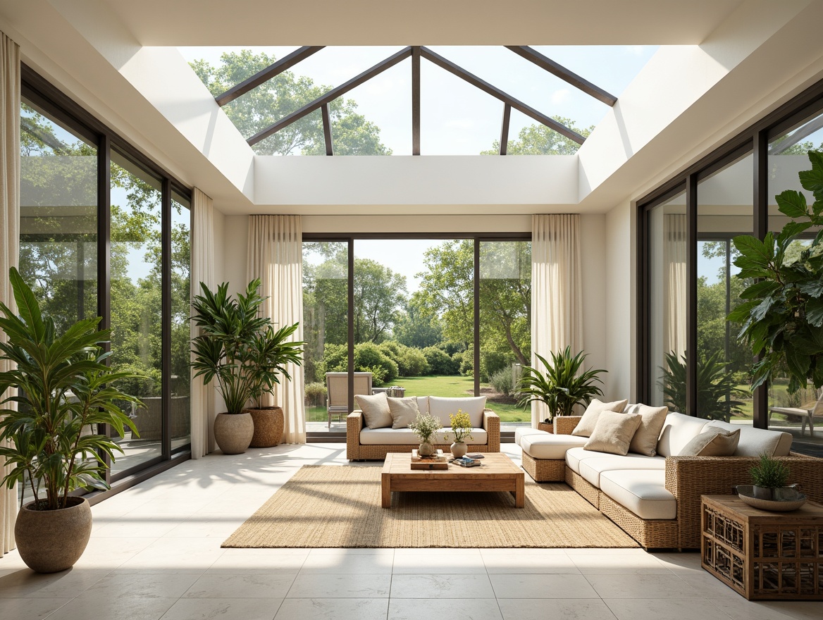 Prompt: Sun-drenched sunroom, floor-to-ceiling windows, sliding glass doors, minimal window frames, clerestory windows, skylights, transparent roof, reflective white walls, light-colored flooring, sheer curtains, lush greenery, potted plants, natural textiles, woven wicker furniture, rustic wood accents, warm beige tones, soft diffused lighting, shallow depth of field, 1/1 composition, panoramic view, realistic textures, ambient occlusion.