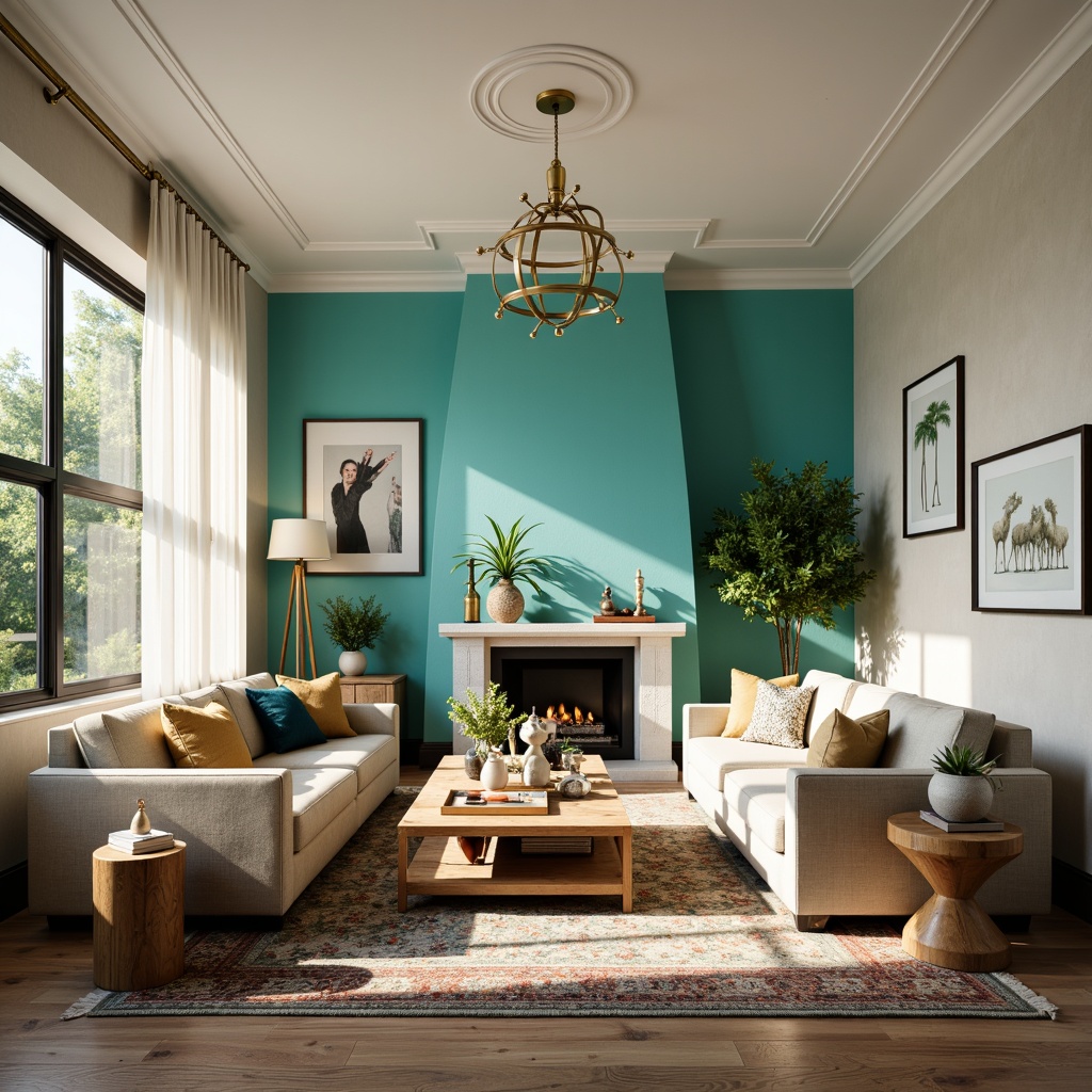 Prompt: Vibrant living room, bold turquoise accent walls, neutral beige sofas, patterned rugs, golden lighting fixtures, natural wood coffee tables, eclectic decorative vases, large windows, soft sheer curtains, warm afternoon sunlight, shallow depth of field, 1/1 composition, realistic textures, ambient occlusion.