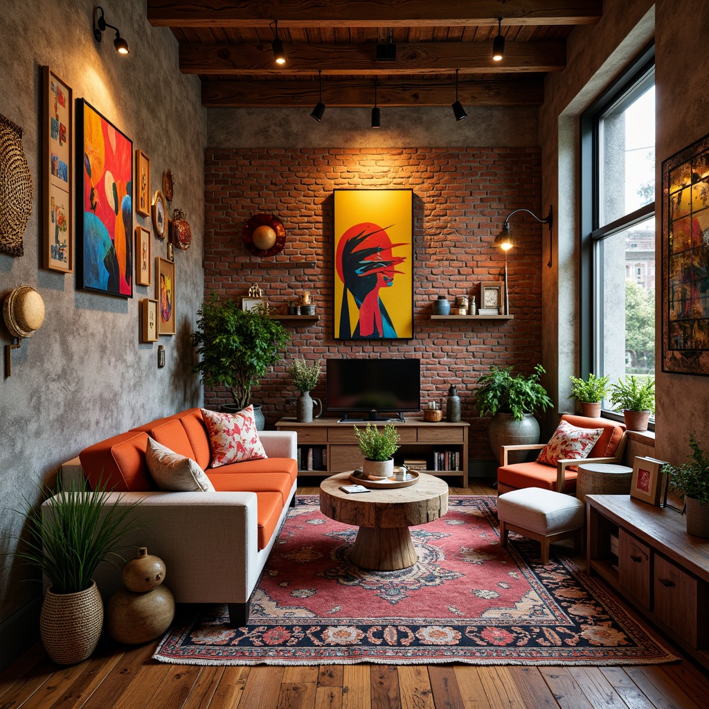 Prompt: Vibrant eclectic interior, bold color palette, abstract artwork, textured walls, exposed brick, industrial chic, distressed wood accents, metallic sheen, ornate mirrors, plush throw pillows, layered rugs, unconventional shelving units, statement lighting fixtures, bohemian patterns, global-inspired textiles, organic natural materials, earthy tones, reclaimed wood, geometric shapes, 3D wall installations, ambient warm lighting, shallow depth of field, 1/1 composition.