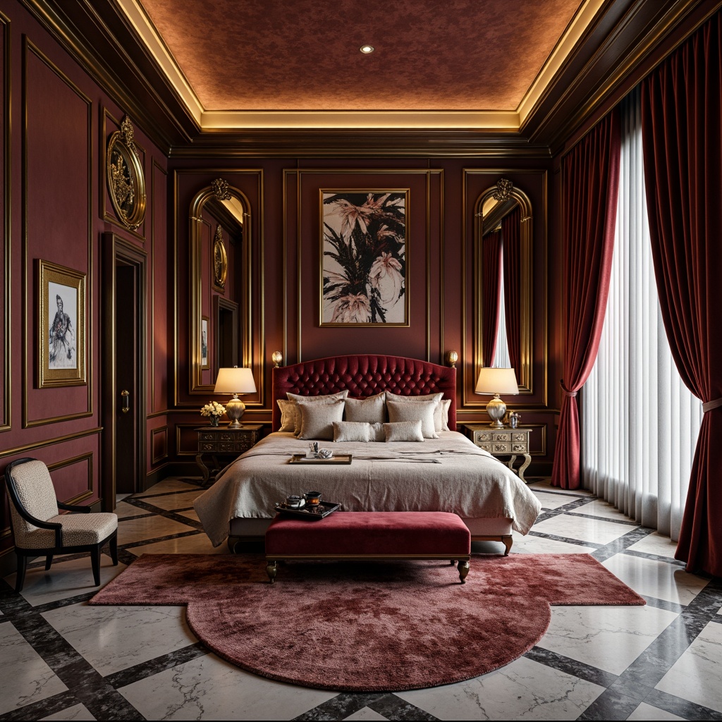 Prompt: Luxurious bedroom, velvet drapes, metallic accents, geometric patterns, ornate mirrors, marble floors, lavish textiles, plush rugs, curved lines, opulent furniture, rich jewel tones, soft warm lighting, shallow depth of field, 3/4 composition, panoramic view, realistic textures, ambient occlusion.