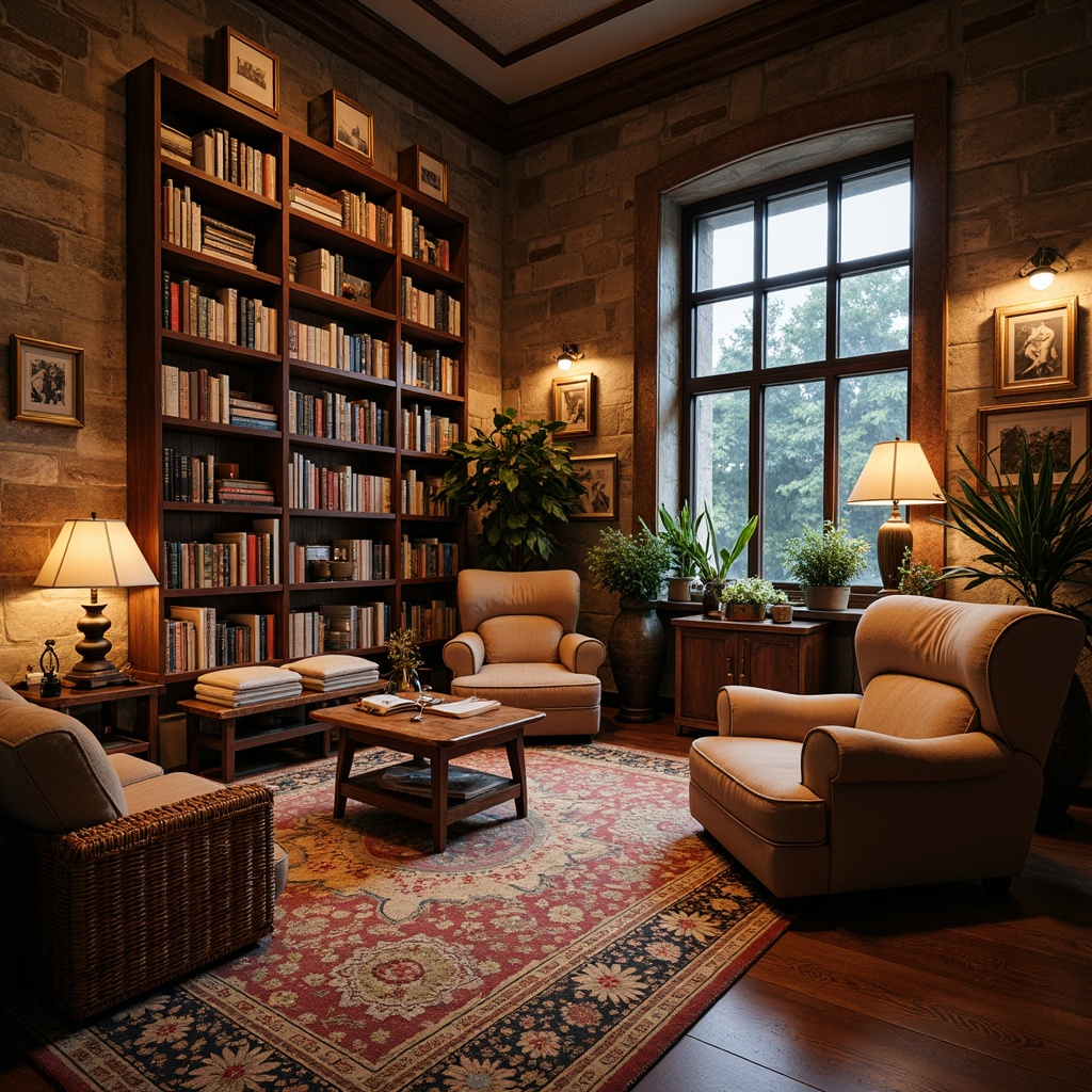 Prompt: Cozy bookstore atmosphere, warm wooden shelves, plush carpet flooring, comfortable reading nooks, oversized armchairs, floor lamps, rustic wooden tables, woven baskets, vintage book collections, leather-bound tomes, earthy color palette, natural stone walls, large windows, soft diffused lighting, 3/4 composition, inviting corner spaces, layered textiles, ambient occlusion.