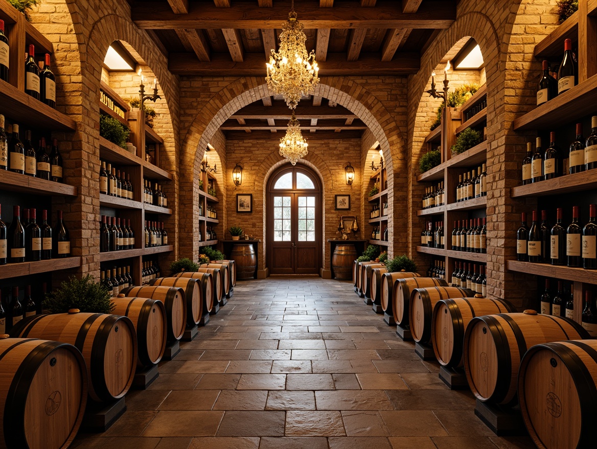 Prompt: Rustic wine cellar, wooden barrel racks, earthy stone walls, rich wood tones, ornate metalwork, dim warm lighting, vintage wine bottles, wooden crates, natural stone floors, brick archways, classic chandeliers, distressed wood accents, leather-bound wine books, aged wooden barrels, soft golden lighting, shallow depth of field, 1/1 composition, realistic textures, ambient occlusion.