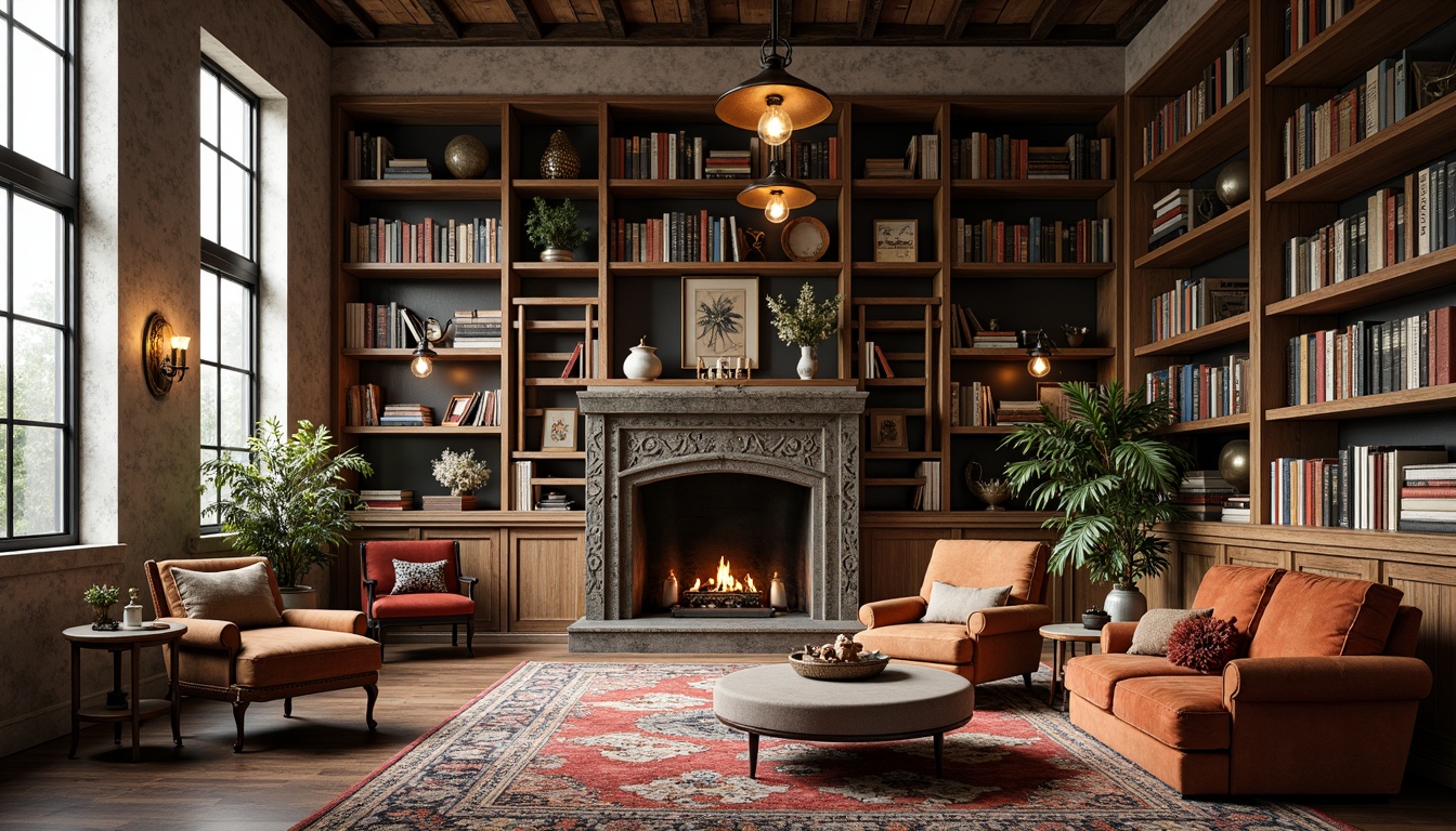 Prompt: Vintage-inspired bookshelves, ornate wooden ladders, eclectic mix of chairs, plush velvet sofas, richly patterned rugs, statement chandeliers, industrial metal pendants, Edison bulb fixtures, reclaimed wood accents, cozy reading nooks, floor-to-ceiling windows, soft warm lighting, atmospheric shadows, 1/2 composition, warm color palette, distressed finishes, rustic textures, ambient occlusion.