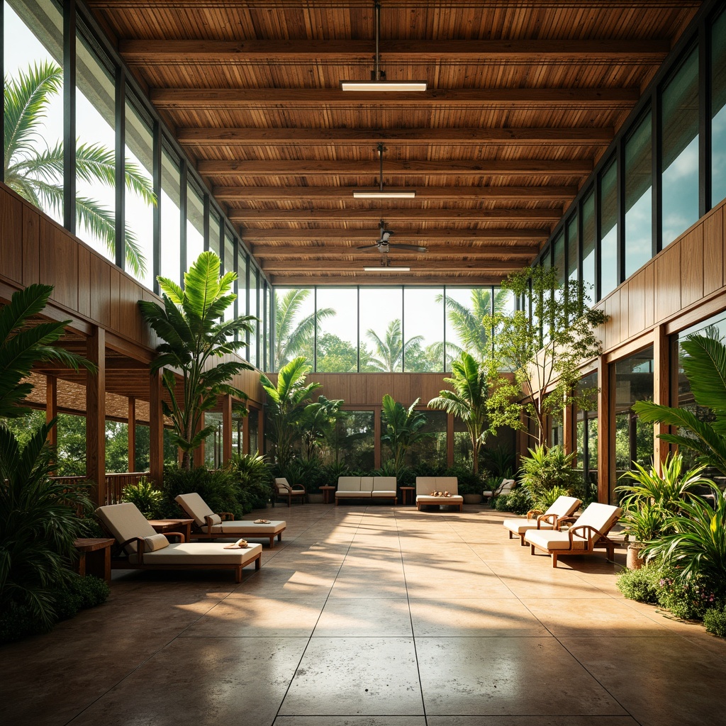 Prompt: Tropical gymnasium interior, high ceilings, large windows, natural ventilation, wooden accents, woven bamboo details, rattan furniture, lush green walls, exotic plants, warm ambient lighting, soft diffused shadows, 1/1 composition, symmetrical architecture, modern tropical style, climate-responsive design, energy-efficient systems, evaporative cooling technologies, shaded outdoor spaces, misting systems, colorful textiles, intricate geometric patterns, vibrant accent colors.