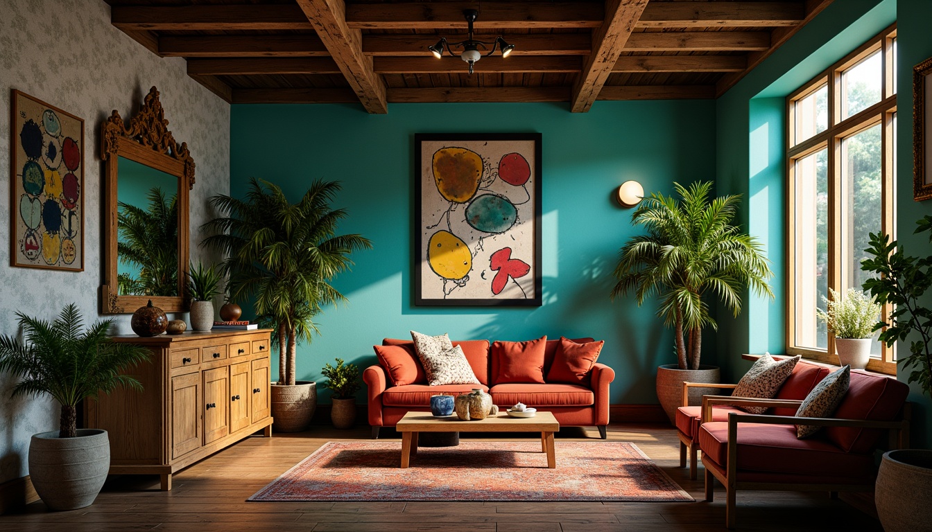 Prompt: Vibrant artistic studio, eclectic bohemian decor, rich turquoise walls, warm golden lighting, distressed wood furniture, plush velvet fabrics, metallic gold accents, abstract artwork, moody atmospheric colors, soft focus photography, shallow depth of field, 1/1 composition, natural textures, ambient occlusion.