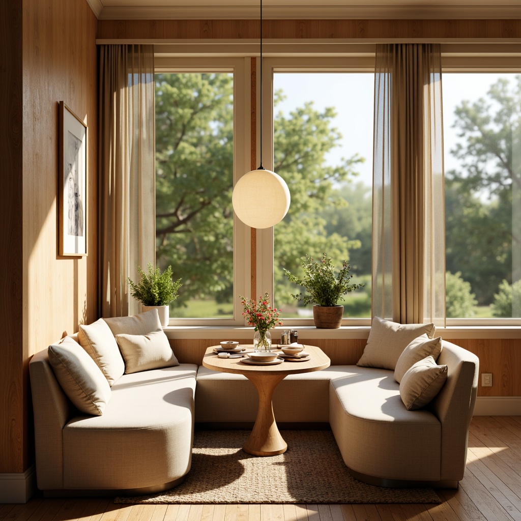 Prompt: Cozy breakfast nook, warm beige walls, natural wood accents, plush cushions, rounded tables, comfortable chairs, soft cream upholstery, elegant pendant lighting, subtle texture rug, fresh flowers, greenery views, sunny morning light, shallow depth of field, 1/1 composition, realistic renderings, ambient occlusion.