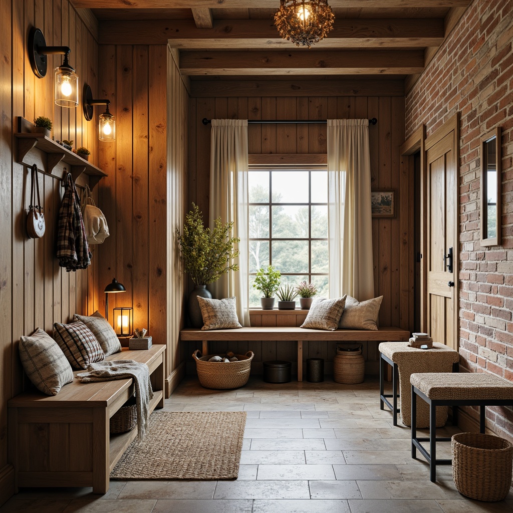 Prompt: Rustic mudroom, natural stone flooring, distressed wood planks, reclaimed barnwood, earthy tones, organic textures, woven baskets, vintage outdoor gear, wooden benches, metal accents, pendant lanterns, warm candlelight, cozy throw blankets, natural fiber rugs, woven jute mats, wooden wall panels, exposed brick walls, country-style decor, farmhouse-inspired accessories, warm beige colors, soft ambient lighting, shallow depth of field, 1/1 composition, realistic wood textures.