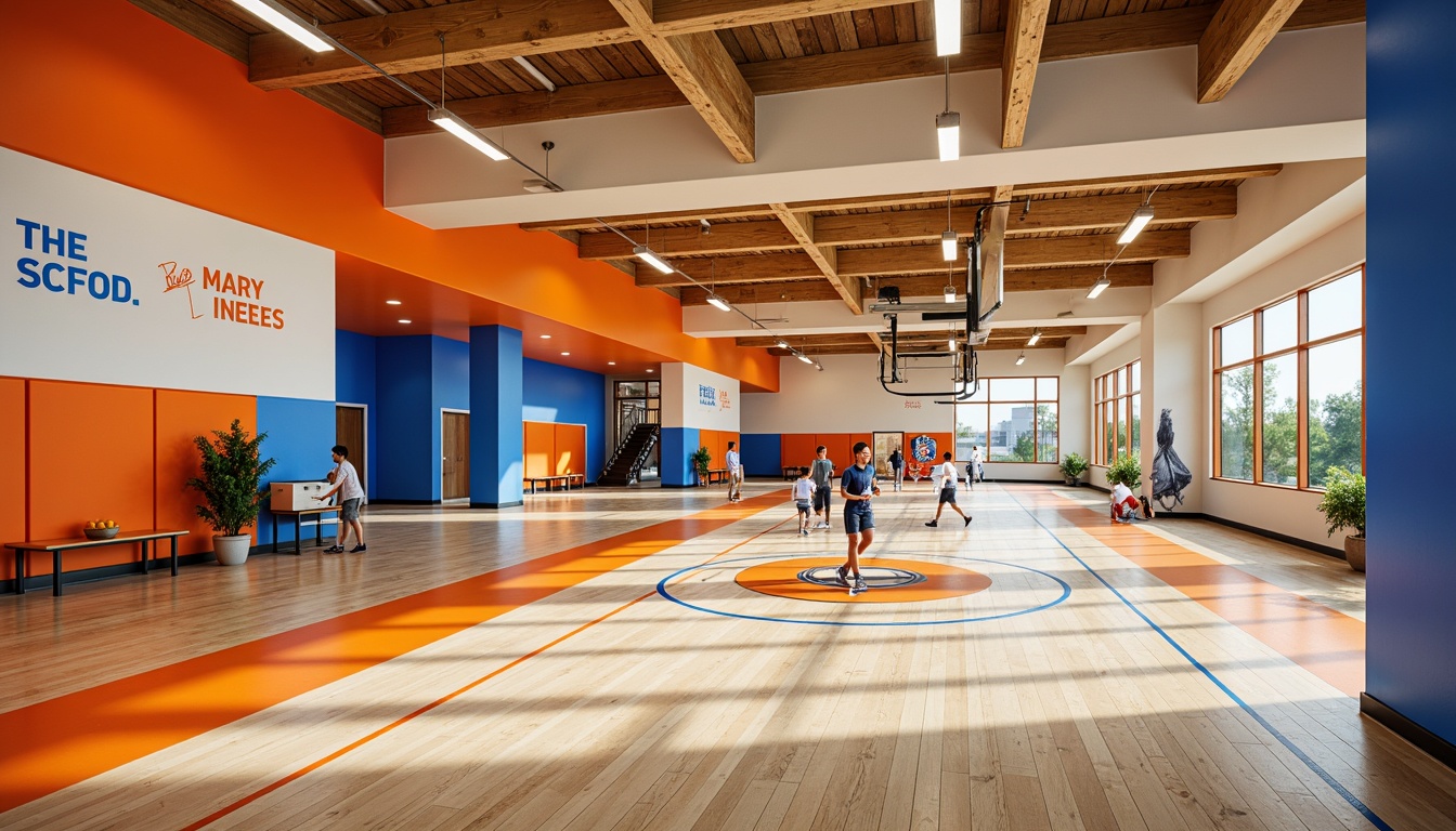 Prompt: Vibrant gymnasium interior, bold color blocking, energetic atmosphere, athletic tracks, sports equipment, wooden flooring, bright accent walls, motivational quotes, dynamic lighting, shallow depth of field, 1/1 composition, realistic textures, ambient occlusion, school branding colors, lively orange tones, deep blue accents, neutral beige backgrounds, contrasting color schemes, modern architectural design, open spaces, natural light pouring in, warm and inviting ambiance.