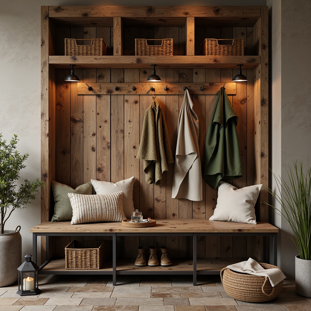 Prompt: Rustic mudroom bench, reclaimed wood planks, distressed metal frame, vintage-inspired design, earthy color palette, natural stone flooring, woven baskets, wooden coat racks, galvanized metal accents, lantern-style lighting, warm ambient glow, shallow depth of field, 1/1 composition, realistic textures, ambient occlusion.