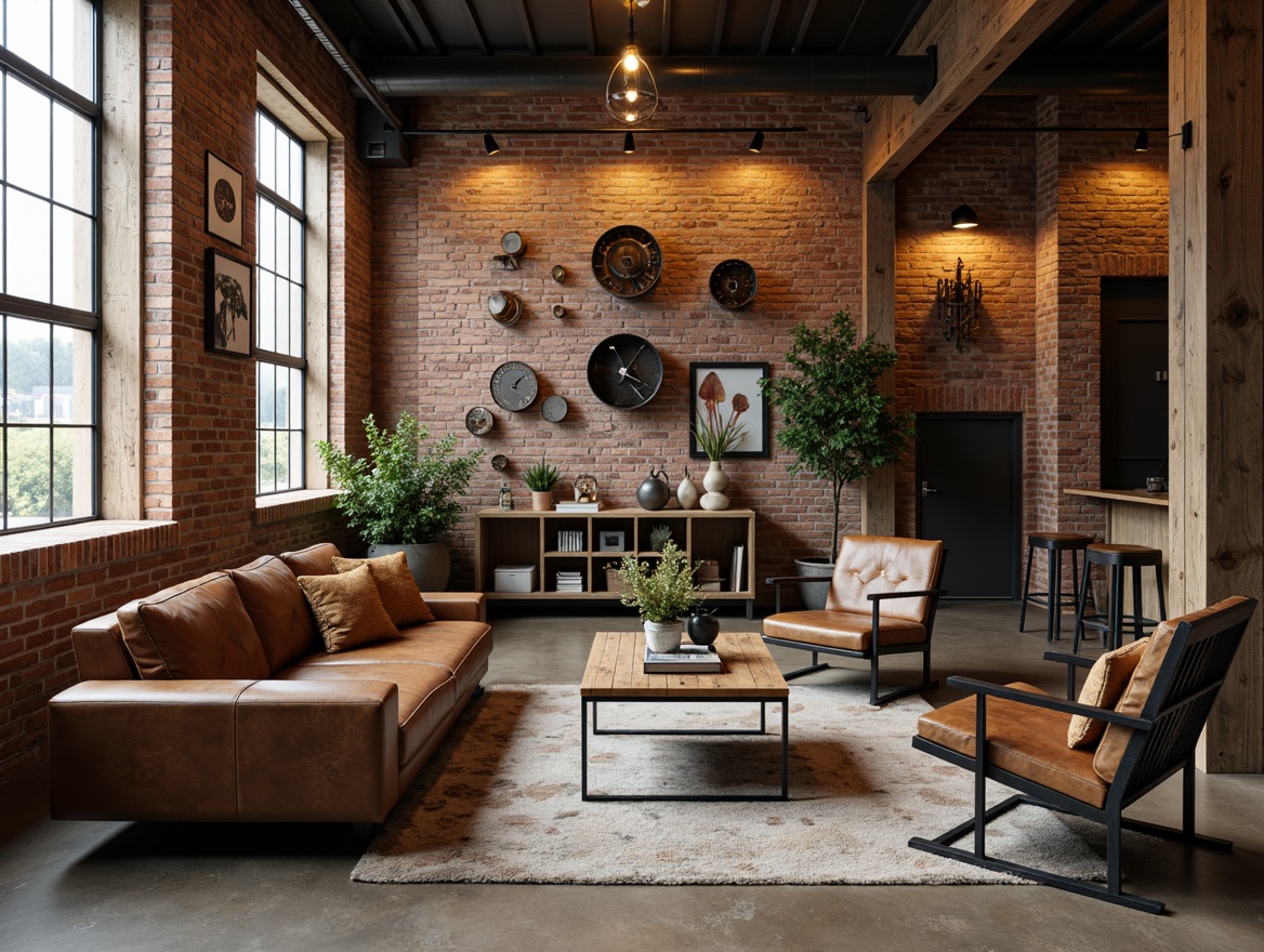 Prompt: Industrial-chic factory, exposed brick walls, metal beams, reclaimed wood accents, vintage machinery displays, Edison bulb lighting, distressed leather sofas, rustic wooden coffee tables, metal-frame chairs, minimalist decor, urban loft atmosphere, warm neutral color palette, soft natural light, shallow depth of field, 1/1 composition, realistic textures, ambient occlusion.