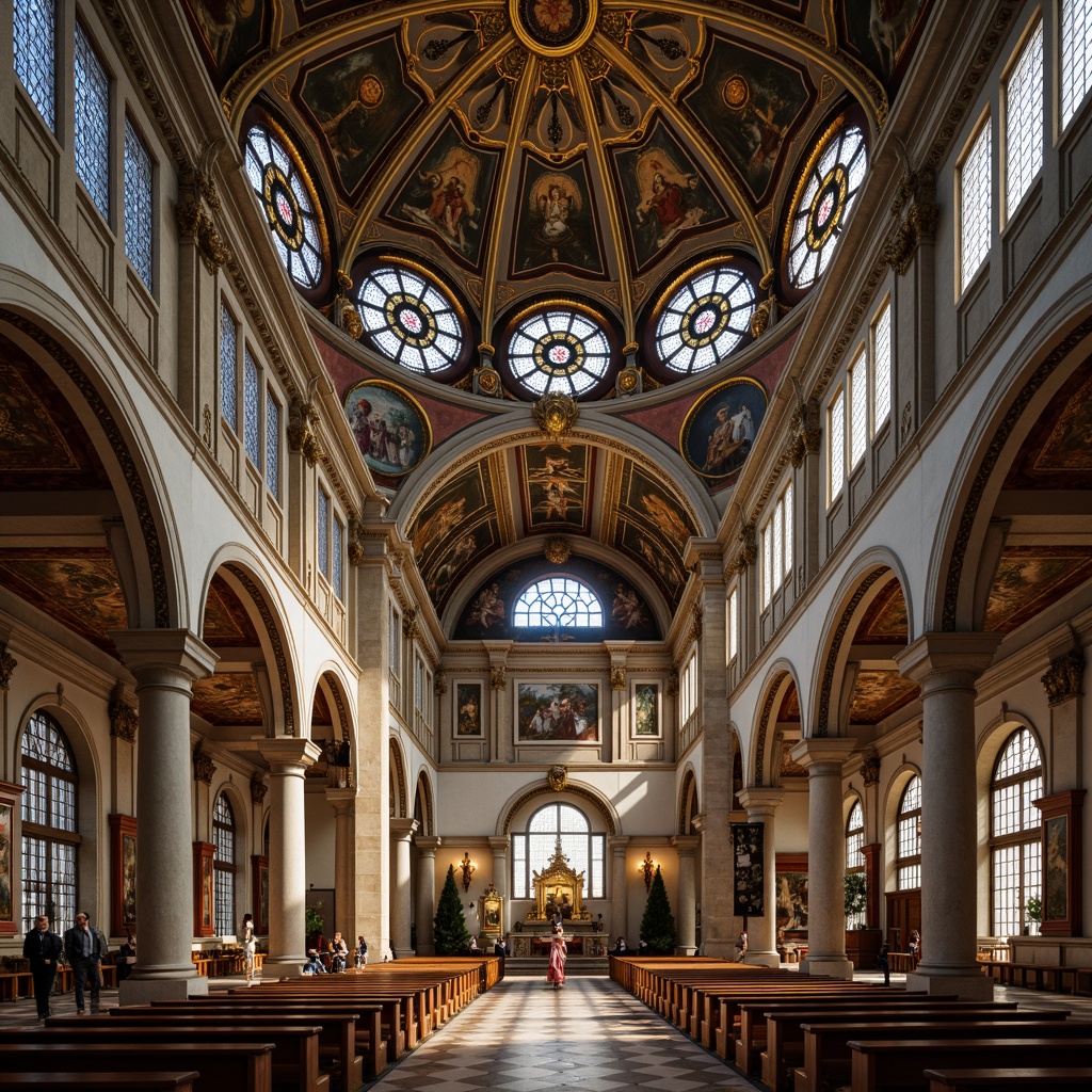 Prompt: Intricate stone carvings, grandiose stained glass windows, majestic domes, ornate frescoes, golden accents, intricate mosaics, vibrant tapestries, dramatic archways, solemn atmosphere, soft warm lighting, shallow depth of field, 3/4 composition, symmetrical framing, realistic textures, ambient occlusion.