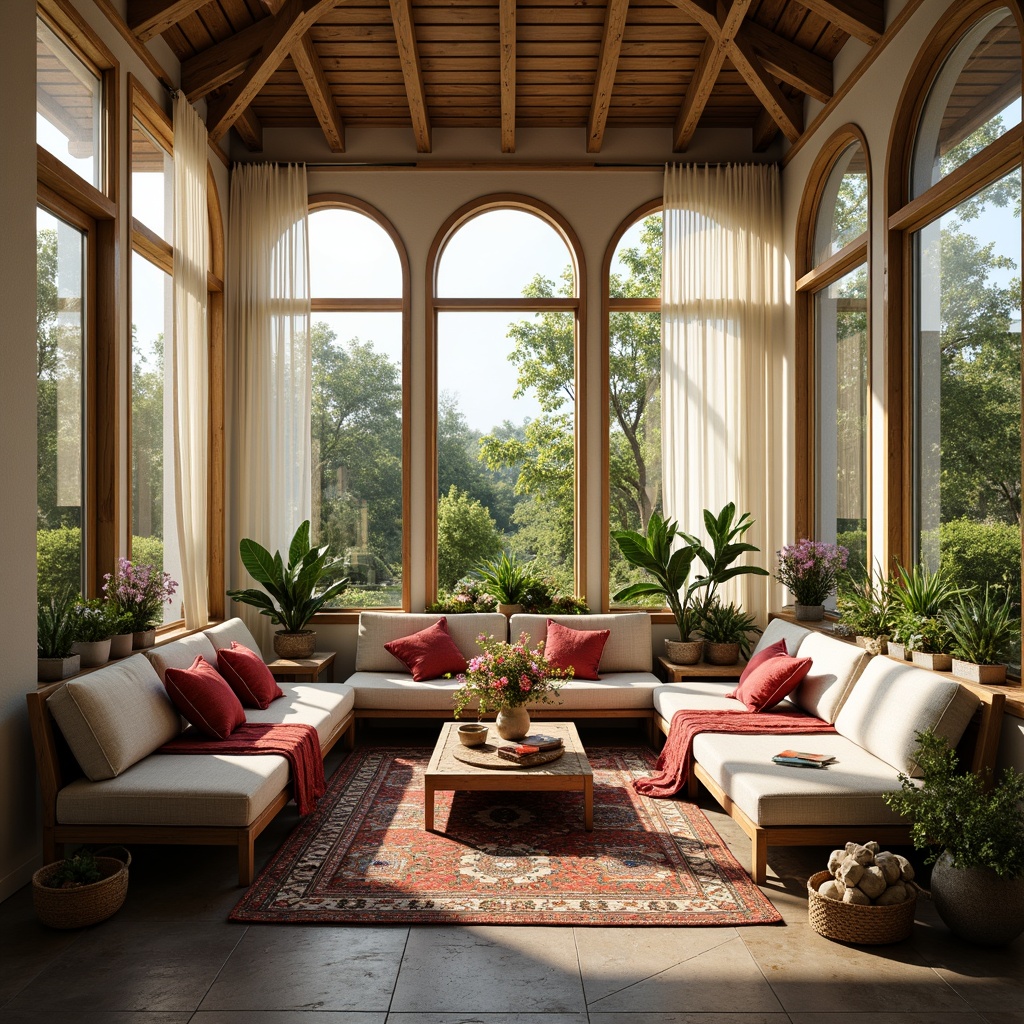 Prompt: Cozy sunroom, plush furniture, natural fabrics, soft cushions, warm throw blankets, vibrant colorful patterns, intricate geometric motifs, sheer drapes, filtered sunlight, comfortable seating, relaxing ambiance, refreshing greenery, blooming flowers, natural stone flooring, wooden accents, earthy tones, calming atmosphere, gentle breeze, subtle texture, 1/1 composition, softbox lighting, ambient occlusion.