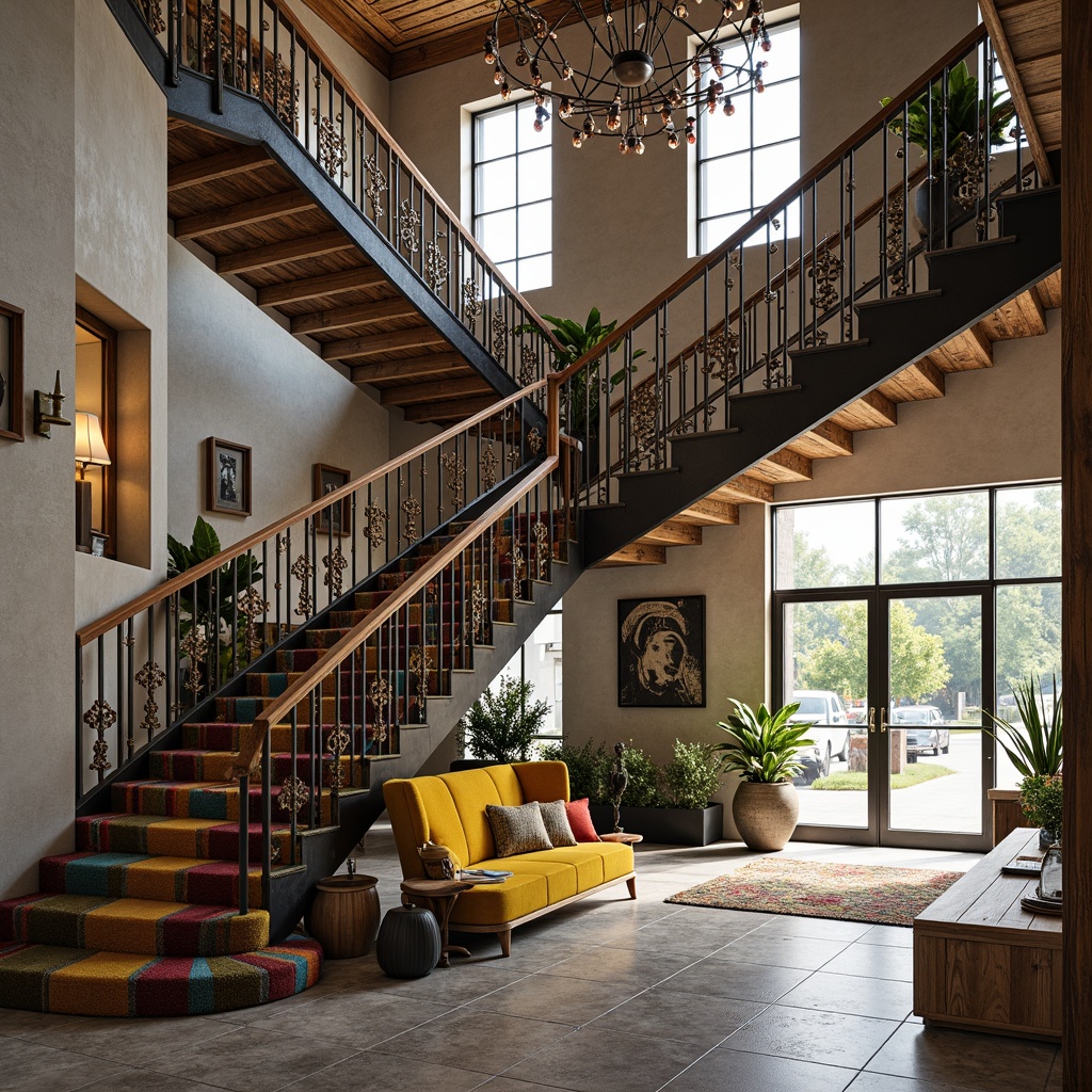 Prompt: Vibrant eclectic staircase, ornate metal railings, intricate wooden balusters, bold colorful risers, textured carpeted steps, playful mix of materials, distressed finishes, reclaimed wood accents, industrial chic atmosphere, natural light pouring in, airy open space, grand entrance hall, dramatic ceiling heights, elegant chandelier lighting, warm neutral tones, cozy reading nook, plush area rug, 1/1 composition, softbox lighting, realistic textures, ambient occlusion.