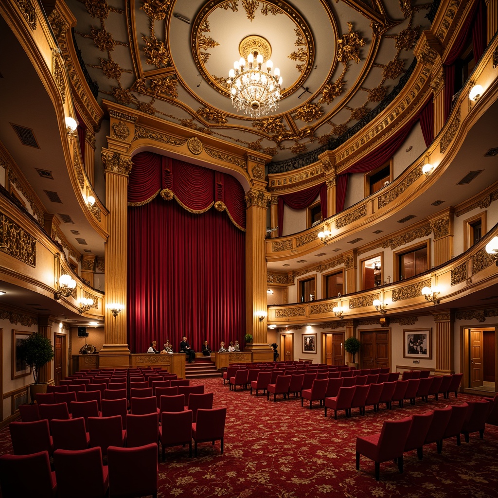 Prompt: Ornate traditional auditorium, rich velvet curtains, golden ornamental details, intricately carved wooden paneling, majestic chandeliers, grand staircase, luxurious red carpeting, regal throne-like seating, ornamental balconies, decorative fresco ceilings, warm soft lighting, shallow depth of field, 2/3 composition, realistic textures, ambient occlusion.