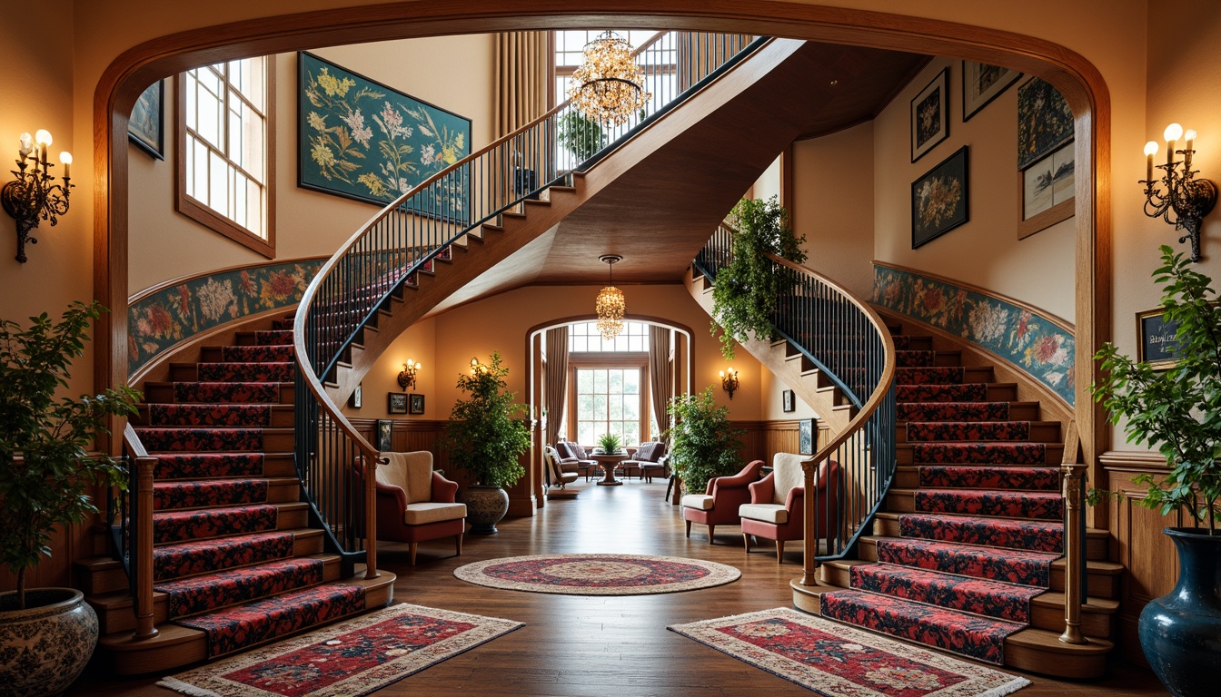 Prompt: Whimsical eclectic staircase, vibrant colorful railings, ornate metalwork, plush carpeted steps, rustic wooden banisters, grand foyer entrance, opulent chandelier lighting, majestic high ceilings, sweeping curved lines, intricate patterned rugs, bold statement walls, artistic decorative accents, warm cozy ambiance, soft diffused lighting, 1/2 composition, shallow depth of field, realistic textures, ambient occlusion.