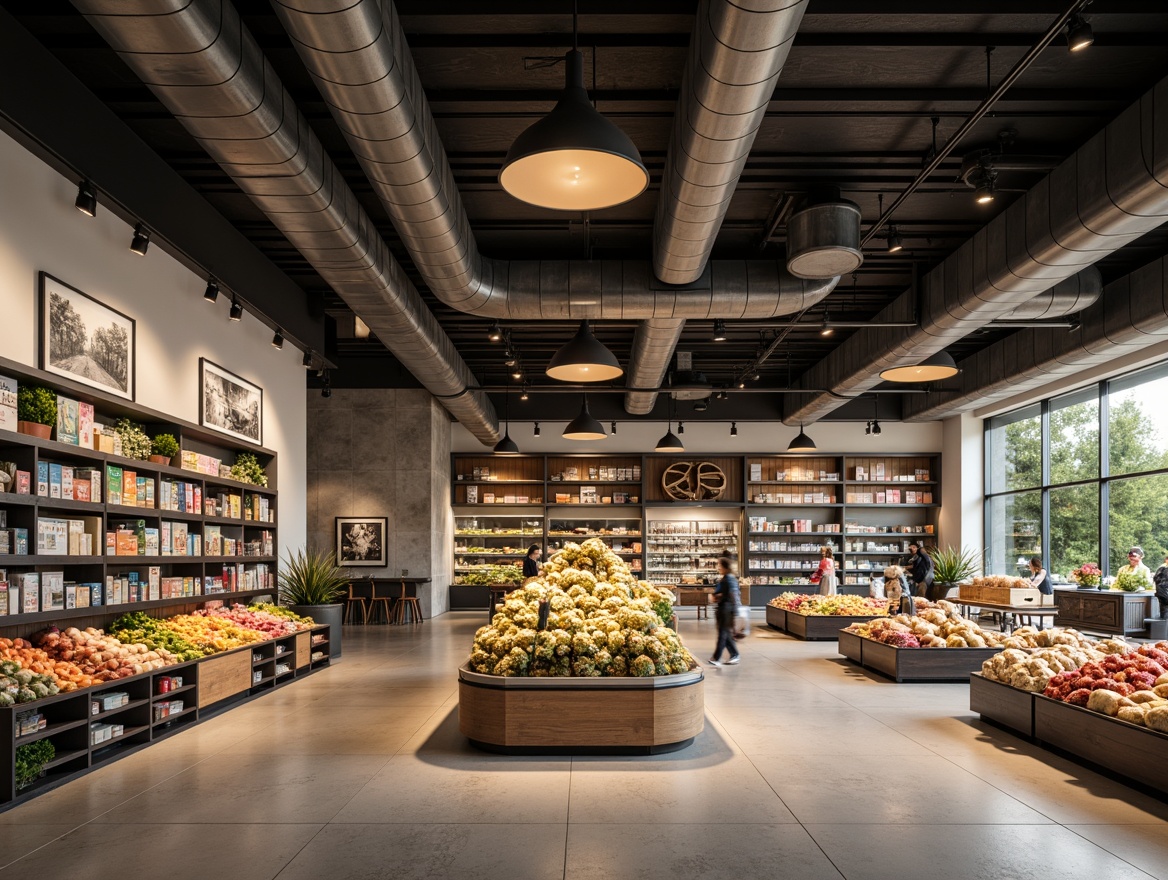 Prompt: Elegant grocery store interior, academic architectural style, high ceilings, exposed ductwork, polished concrete floors, sleek shelving systems, energy-efficient LED lighting, suspended pendant lamps, recessed ceiling lights, warm color temperatures, soft ambient illumination, 1/1 composition, shallow depth of field, realistic textures, subtle shadows, morning sunlight, gentle highlights, natural stone accents, wooden crates, fresh produce displays, vibrant product packaging.