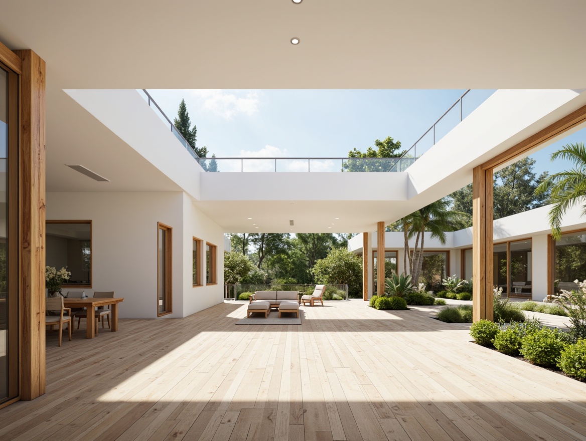 Prompt: Bright airy interior, floor-to-ceiling windows, sliding glass doors, reflective white walls, polished wooden floors, minimal obstruction, open-plan living space, clerestory windows, skylights, transparent roofs, natural stone textures, greenery-filled courtyards, sunny day, soft warm lighting, shallow depth of field, 3/4 composition, panoramic view, realistic textures, ambient occlusion.