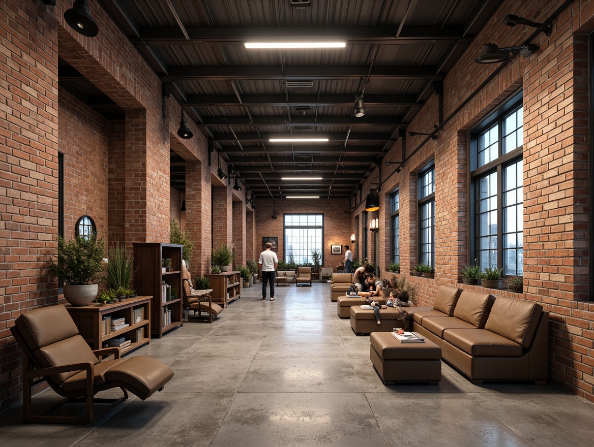 Prompt: Industrial warehouse atmosphere, exposed brick walls, metal beams, reclaimed wood accents, urban loft vibe, distressed concrete floors, industrial chic decor, neutral tone background, bold color pops, rich textures, metallic sheen, warm ambient lighting, dramatic shadows, 1/2 composition, low-key mood, realistic renderings, subtle grain effect.