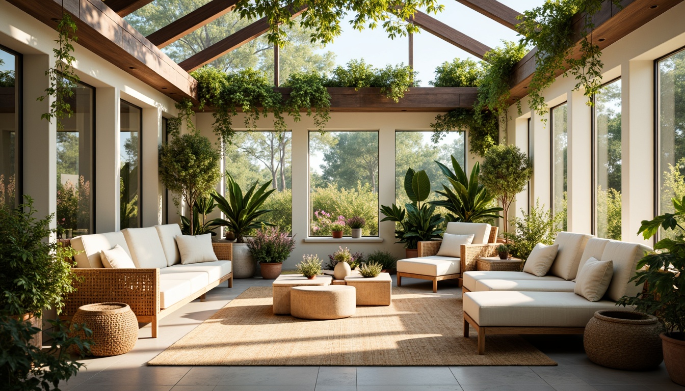 Prompt: Vibrant sunroom, warm natural light, soft pastel hues, creamy whites, calming blues, soothing greens, earthy terracotta tones, rustic wooden accents, comfortable seating areas, lush greenery, blooming flowers, delicate vines, natural textiles, woven rattan furniture, gentle morning sunlight, warm afternoon glow, cozy evening ambiance, shallow depth of field, 1/1 composition, realistic textures, ambient occlusion.