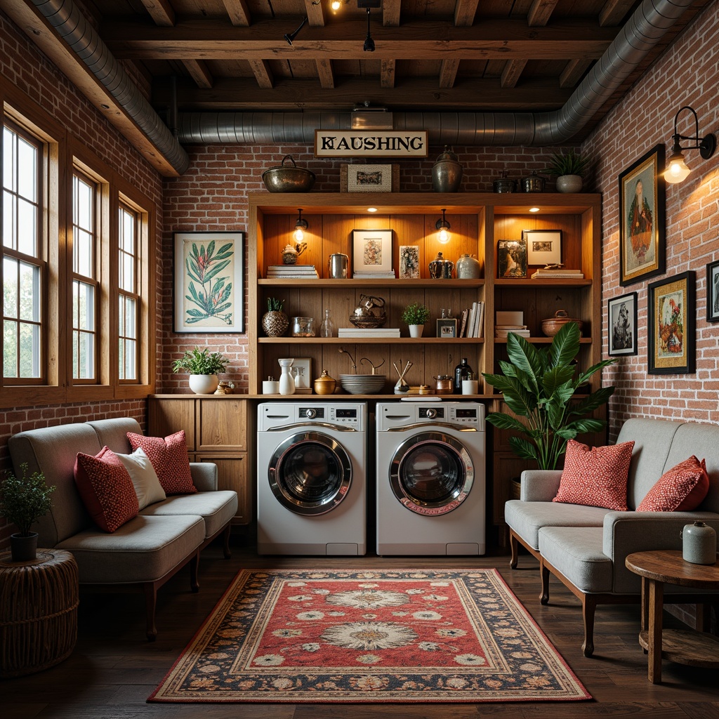 Prompt: Vintage washing machines, distressed wooden cabinets, retro-style laundry signs, industrial metal pipes, exposed brick walls, eclectic art pieces, bold colorful fabrics, playful patterned rugs, whimsical lighting fixtures, ornate antique furniture, soft warm glow, shallow depth of field, 1/1 composition, realistic textures, ambient occlusion.