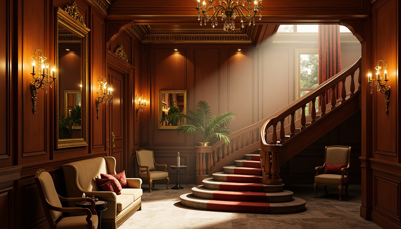 Prompt: Elegant neoclassical interior, ornate chandeliers, warm golden lighting, crystal sconces, decorative wall lamps, rich wood paneling, luxurious velvet fabrics, intricate moldings, high ceilings, grandiose staircases, marble floors, soft warm glow, subtle shadows, 1/2 composition, shallow depth of field, realistic textures, ambient occlusion.