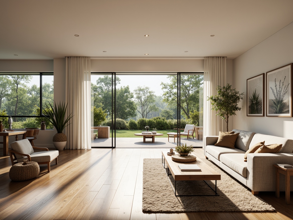 Prompt: Cozy living room, minimalist decor, natural light, open-plan layout, wooden flooring, white walls, floor-to-ceiling windows, sliding glass doors, lush greenery, outdoor seating area, Nordic-inspired furniture, comfortable sofas, woven textiles, nature-inspired color palette, soft warm lighting, shallow depth of field, 3/4 composition, panoramic view, realistic textures, ambient occlusion.