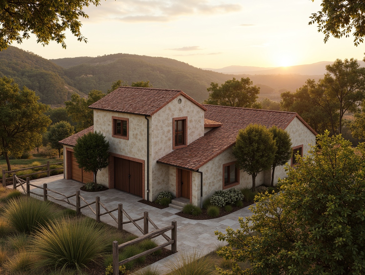 Prompt: Rustic farmhouse, natural stone walls, reclaimed wood accents, earthy terracotta roofs, distressed metal doors, vintage barn windows, weathered wooden fences, lush greenery surroundings, rolling hills landscape, warm sunset lighting, soft focus effect, 1/1 composition, realistic textures, ambient occlusion.