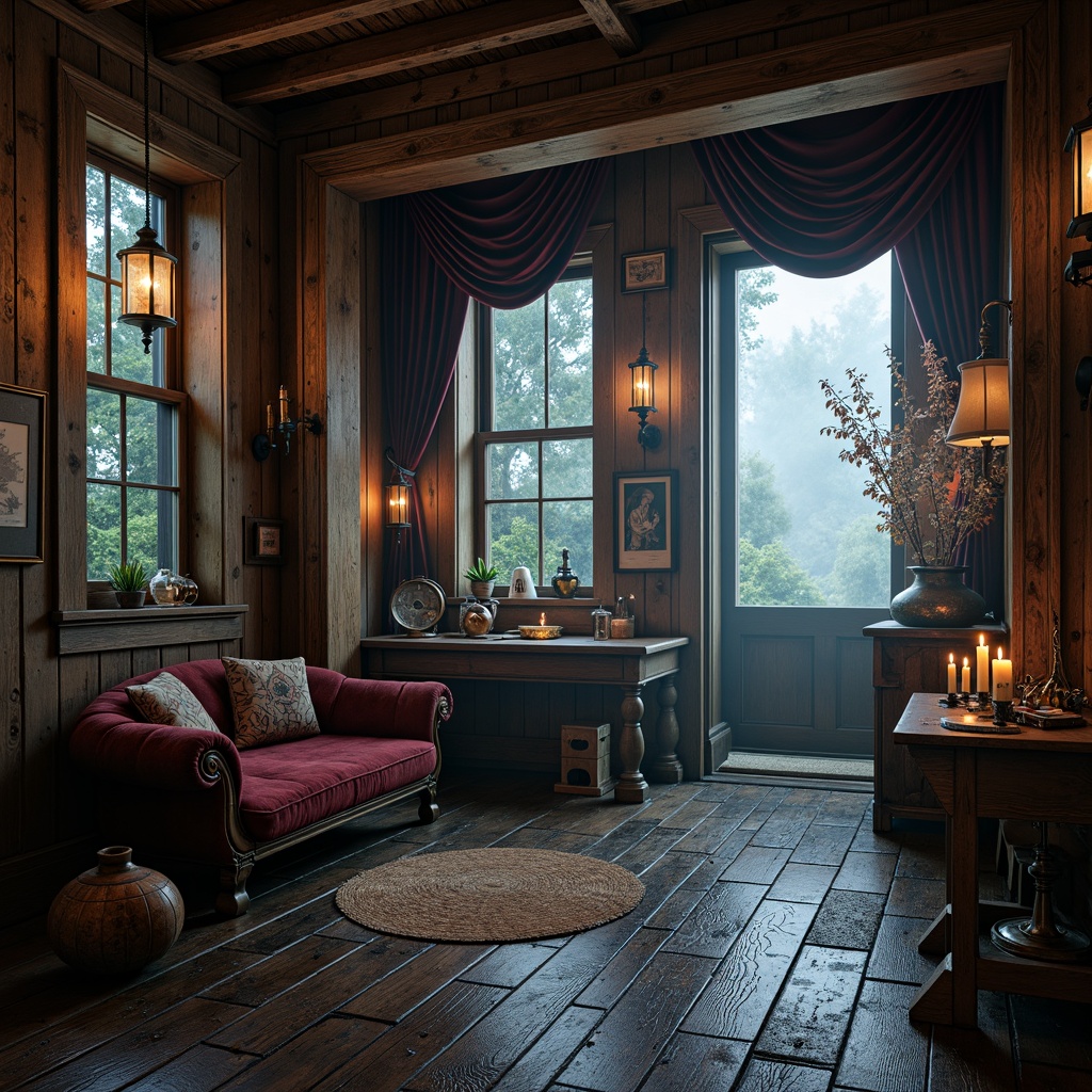 Prompt: Weathered wooden planks, distressed metal accents, mysterious lanterns, ornate ironwork, rich velvet drapes, dark-stained wooden beams, worn stone floors, mystical artifacts, nautical instruments, vintage maps, foggy windows, soft candlelight, eerie shadows, 1/1 composition, atmospheric lighting, realistic water reflections, immersive textures.