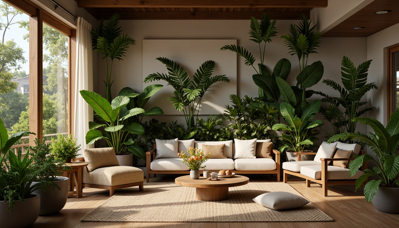 Prompt: Cozy living room, lush greenery, potted plants, natural wood furniture, earthy tones, woven textiles, soft warm lighting, shallow depth of field, 1/1 composition, realistic textures, ambient occlusion, modern minimalist decor, sleek low-profile planters, tropical leaf patterns, vibrant colorful blooms, subtle fragrance, peaceful atmosphere, calming ambiance.