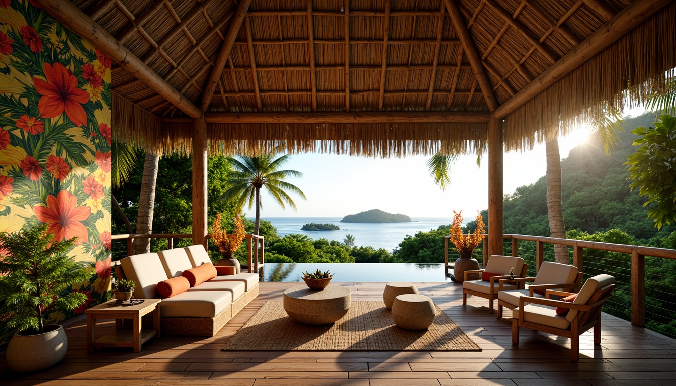 Prompt: Vibrant tropical hut, thatched roof, woven bamboo walls, natural wood accents, exotic floral patterns, colorful tiki torches, lush greenery, palm trees, ocean views, sunny day, warm golden lighting, shallow depth of field, 3/4 composition, panoramic view, realistic textures, ambient occlusion, intricate stone carvings, woven rattan furniture, plush tropical fabrics, natural fiber rugs.