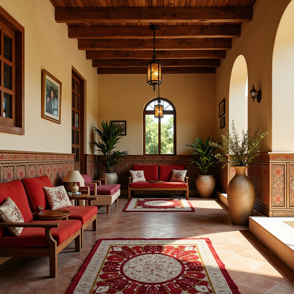 Prompt: Vibrant Mediterranean-style interior, warm beige walls, rustic wooden accents, ornate tile patterns, plush velvet fabrics, intricate embroidery details, colorful ceramic vases, natural woven fibers, rich brocade textures, subtle sheen finishes, soft golden lighting, 1/2 composition, shallow depth of field, realistic fabric simulations.