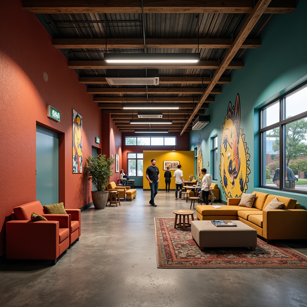 Prompt: Vibrant high school, textured walls, bold colors, expressive murals, eclectic furniture, industrial metal beams, exposed ductwork, reclaimed wood accents, abstract sculptures, dramatic lighting, warm tone color palette, soft focus effect, 1/2 composition, cinematic mood, atmospheric fog, realistic textures, ambient occlusion.