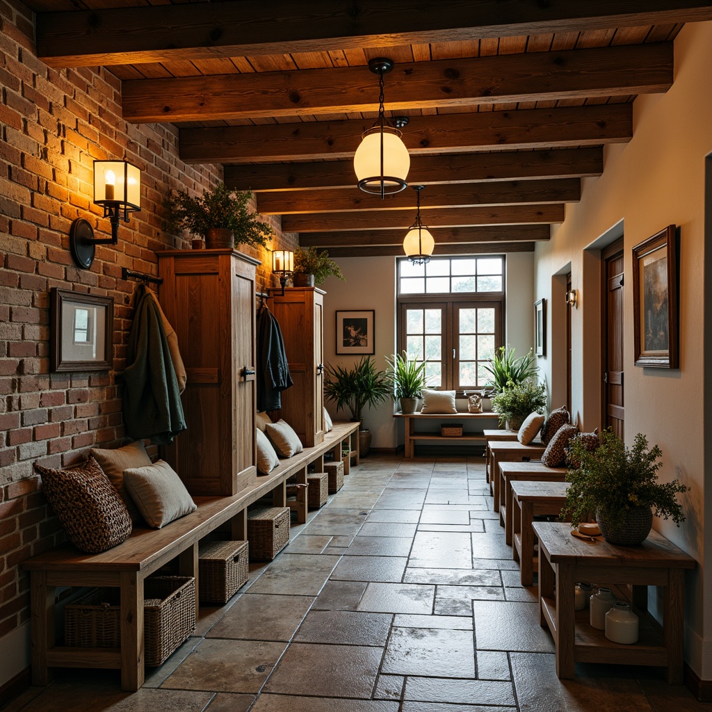 Prompt: Rustic mudroom, wooden accents, earthy tones, natural stone flooring, woven baskets, distressed wood furniture, vintage metal decorations, warm candlelight, soft warm glow, ambient shadows, cozy atmosphere, rustic chandeliers, lantern-style lighting, exposed brick walls, reclaimed wood beams, organic textures, muted color palette, autumnal hues, nature-inspired elements, earthy scents, 3/4 composition, shallow depth of field, realistic rendering.