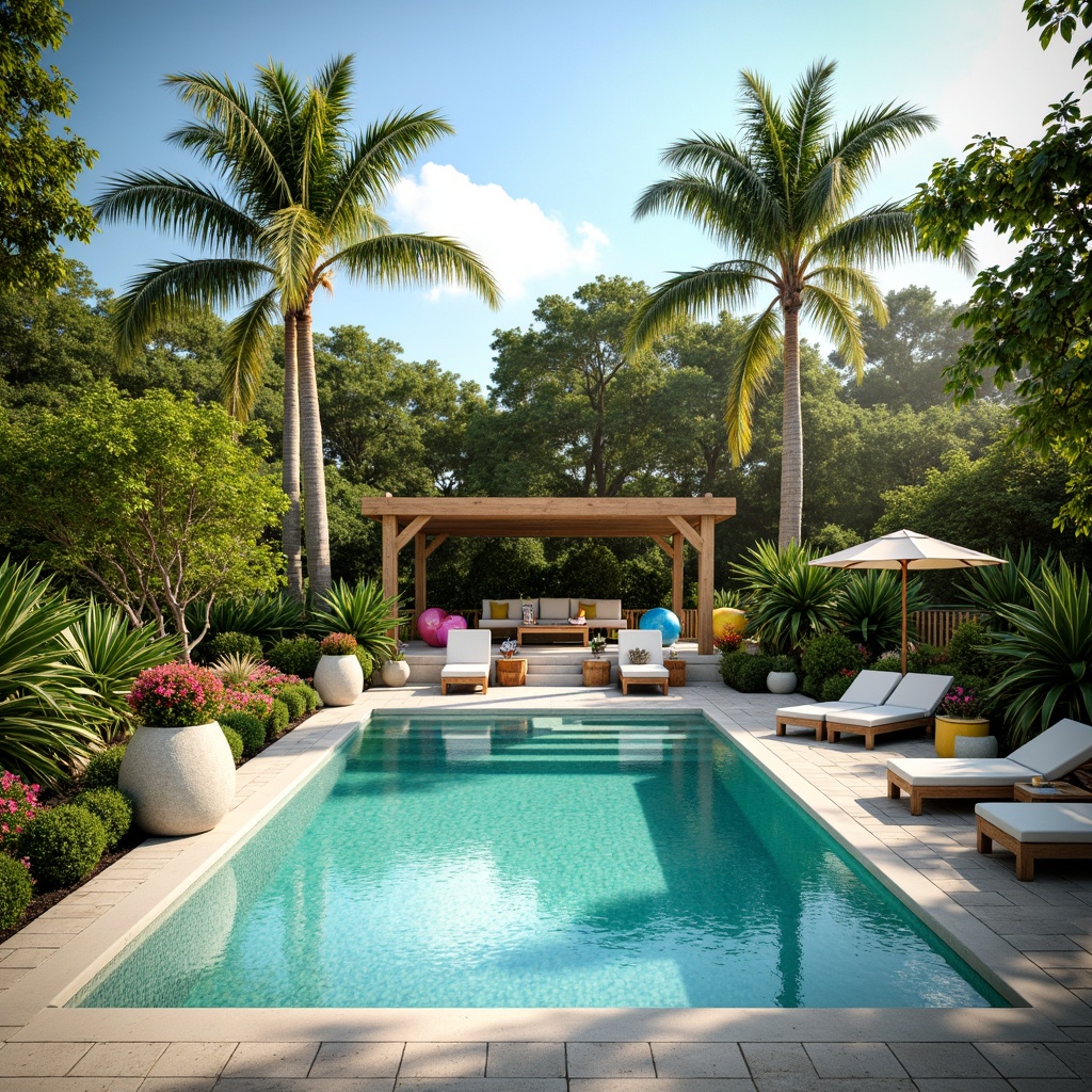 Prompt: Tropical poolside oasis, warm sunny day, crystal-clear waters, lush greenery, vibrant flowers, comfortable lounge chairs, colorful beach balls, natural stone decking, wooden accents, modern outdoor furniture, refreshing cocktails, fun summer vibes, bright coral hues, calming turquoise tones, soothing mint greens, creamy whites, warm golden lighting, soft focus, shallow depth of field, 1/1 composition, realistic textures, ambient occlusion.